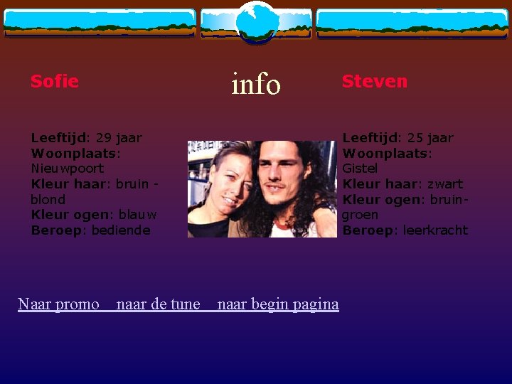 info Sofie Steven Leeftijd: 29 jaar Woonplaats: Nieuwpoort Kleur haar: bruin blond Kleur ogen: