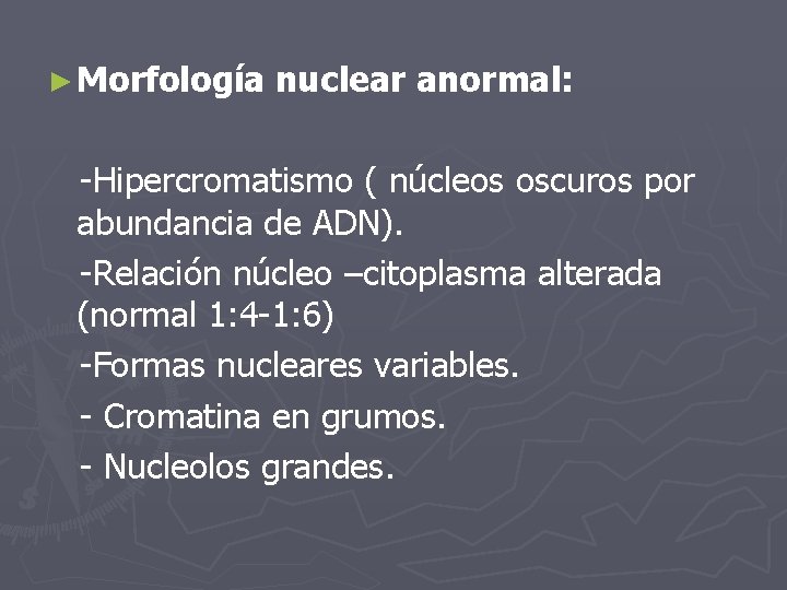 ► Morfología nuclear anormal: -Hipercromatismo ( núcleos oscuros por abundancia de ADN). -Relación núcleo