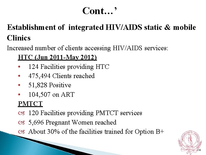 Cont…’ Establishment of integrated HIV/AIDS static & mobile Clinics Increased number of clients accessing