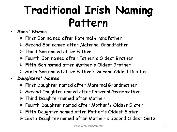  • • Traditional Irish Naming Pattern Sons' Names Ø First Son named after