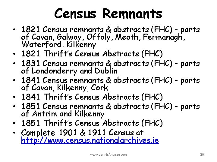 Census Remnants • 1821 Census remnants & abstracts (FHC) - parts of Cavan, Galway,