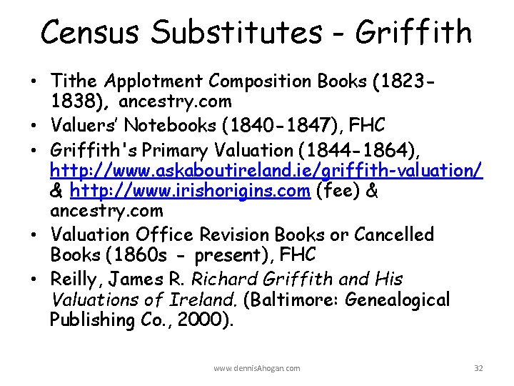 Census Substitutes - Griffith • Tithe Applotment Composition Books (18231838), ancestry. com • Valuers’