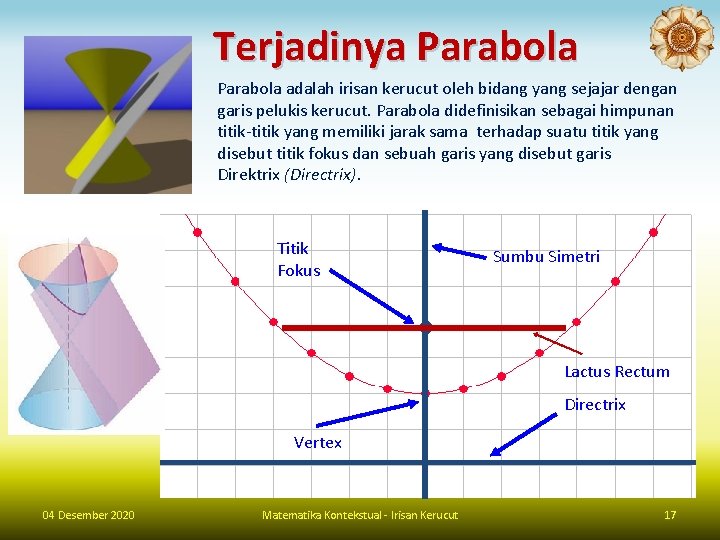 Terjadinya Parabola adalah irisan kerucut oleh bidang yang sejajar dengan garis pelukis kerucut. Parabola