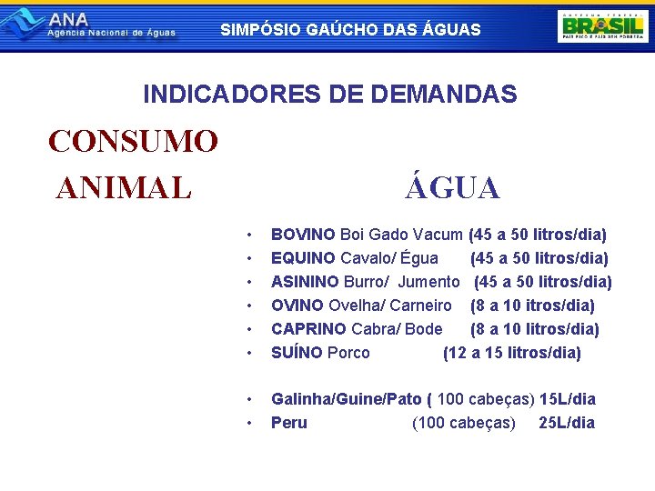 SIMPÓSIO GAÚCHO DAS ÁGUAS INDICADORES DE DEMANDAS CONSUMO ANIMAL ÁGUA • • • BOVINO