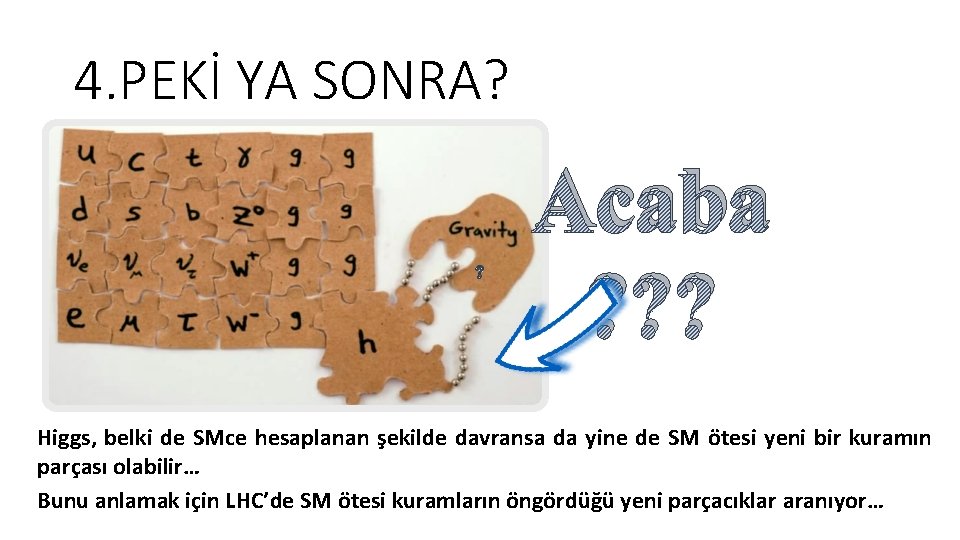 4. PEKİ YA SONRA? ? Acaba ? ? ? Higgs, belki de SMce hesaplanan 4. PEKİ YA SONRA? ? Acaba ? ? ? Higgs, belki de SMce hesaplanan