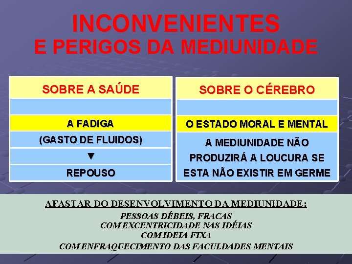 INCONVENIENTES E PERIGOS DA MEDIUNIDADE SOBRE A SAÚDE SOBRE O CÉREBRO A FADIGA O