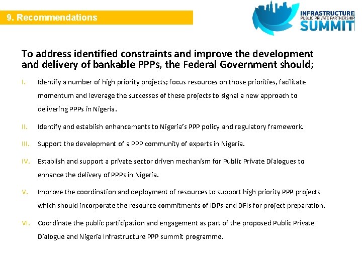 9. Recommendations To address identified constraints and improve the development and delivery of bankable