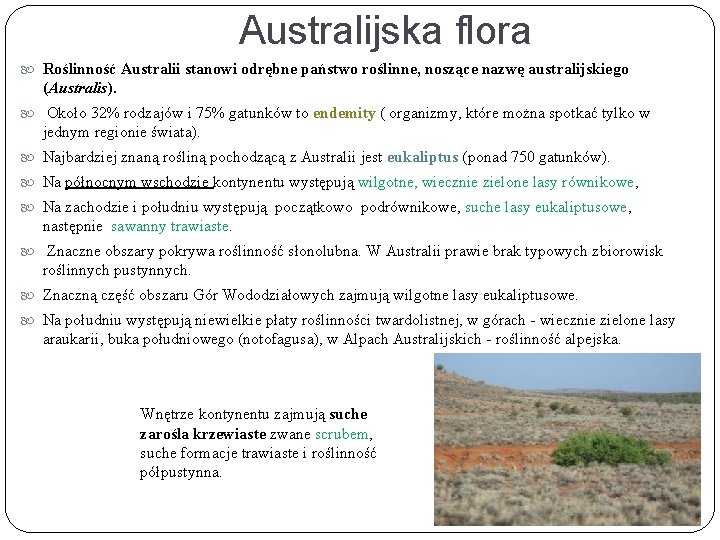 Australijska flora Roślinność Australii stanowi odrębne państwo roślinne, noszące nazwę australijskiego (Australis). Około 32%