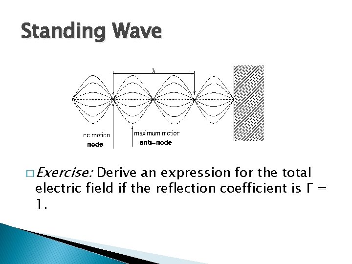 Standing Wave � Exercise: Derive an expression for the total electric field if the