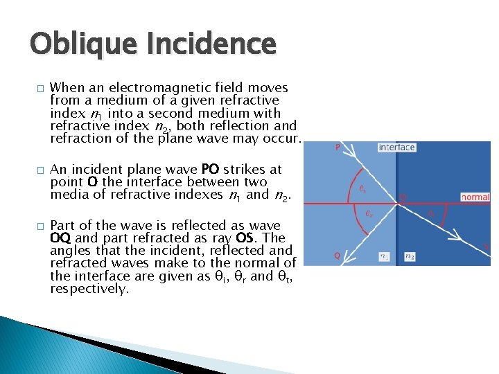 Oblique Incidence � � � When an electromagnetic field moves from a medium of