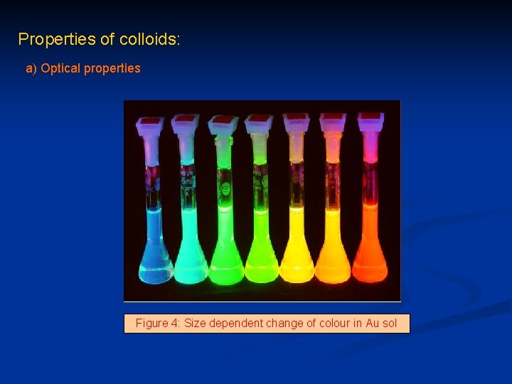 Properties of colloids: a) Optical properties Figure 4: Size dependent change of colour in