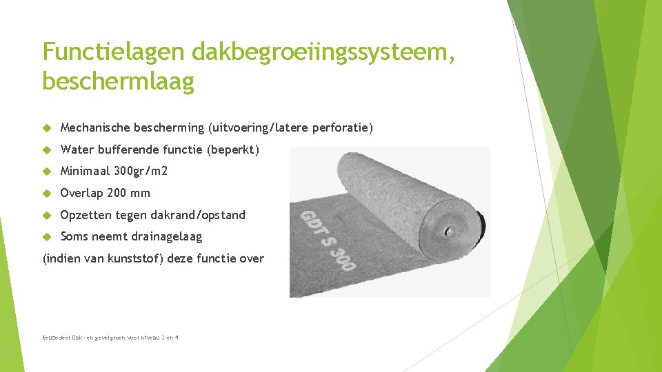 Functielagen dakbegroeiingssysteem, beschermlaag Mechanische bescherming (uitvoering/latere perforatie) Water bufferende functie (beperkt) Minimaal 300 gr/m Functielagen dakbegroeiingssysteem, beschermlaag Mechanische bescherming (uitvoering/latere perforatie) Water bufferende functie (beperkt) Minimaal 300 gr/m