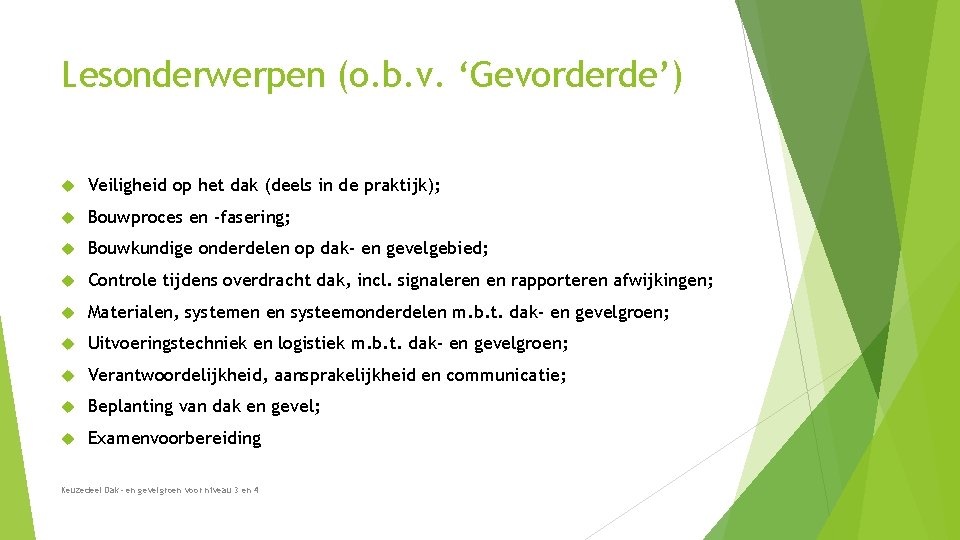 Lesonderwerpen (o. b. v. ‘Gevorderde’) Veiligheid op het dak (deels in de praktijk); Bouwproces Lesonderwerpen (o. b. v. ‘Gevorderde’) Veiligheid op het dak (deels in de praktijk); Bouwproces