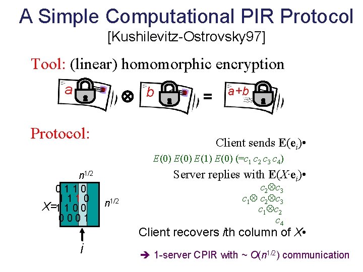 A Simple Computational PIR Protocol [Kushilevitz-Ostrovsky 97] Tool: (linear) homomorphic encryption a b Protocol: