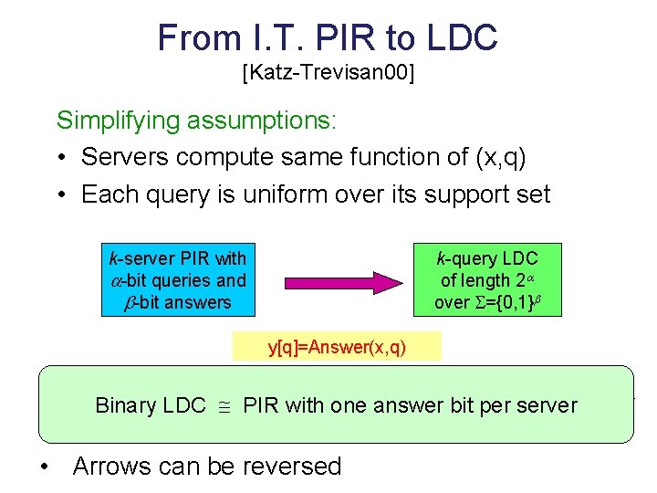 From I. T. PIR to LDC [Katz-Trevisan 00] Simplifying assumptions: • Servers compute same