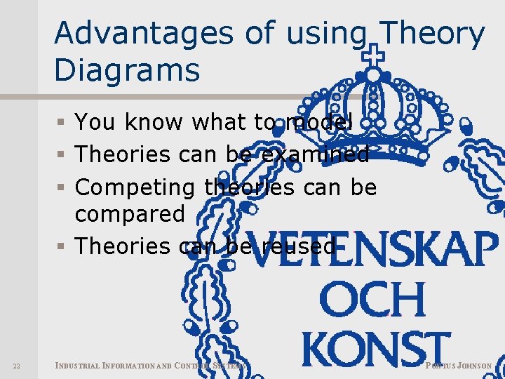 Advantages of using Theory Diagrams § You know what to model § Theories can
