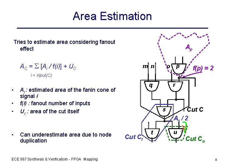 Area Estimation Tries to estimate area considering fanout effect AC = [Ai / f(i)]