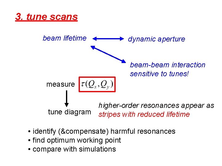 3. tune scans beam lifetime dynamic aperture beam-beam interaction sensitive to tunes! measure higher-order