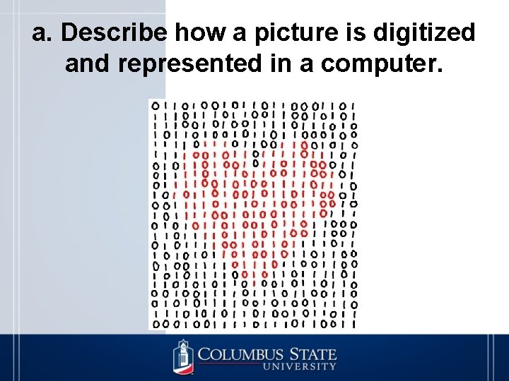 a. Describe how a picture is digitized and represented in a computer. 