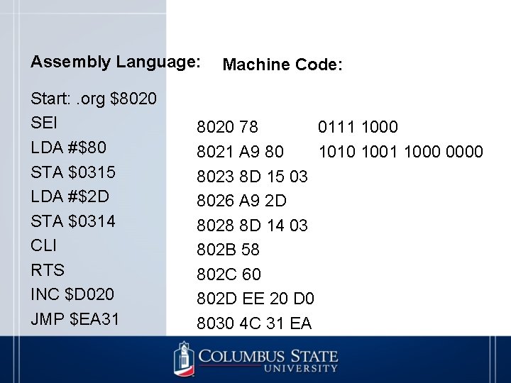 Assembly Language: Start: . org $8020 SEI LDA #$80 STA $0315 LDA #$2 D
