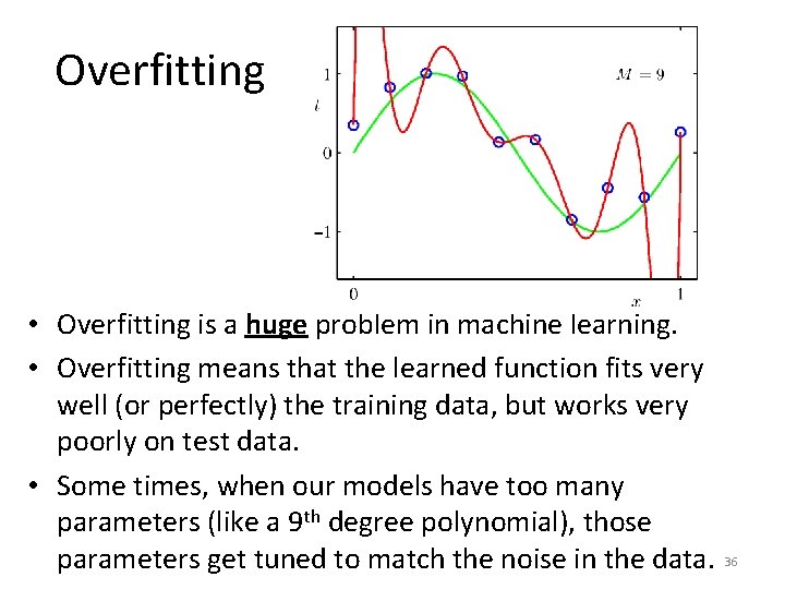 Overfitting • Overfitting is a huge problem in machine learning. • Overfitting means that