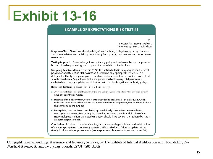 Exhibit 13 -16 Copyright: Internal Auditing: Assurance and Advisory Services, by The Institute of