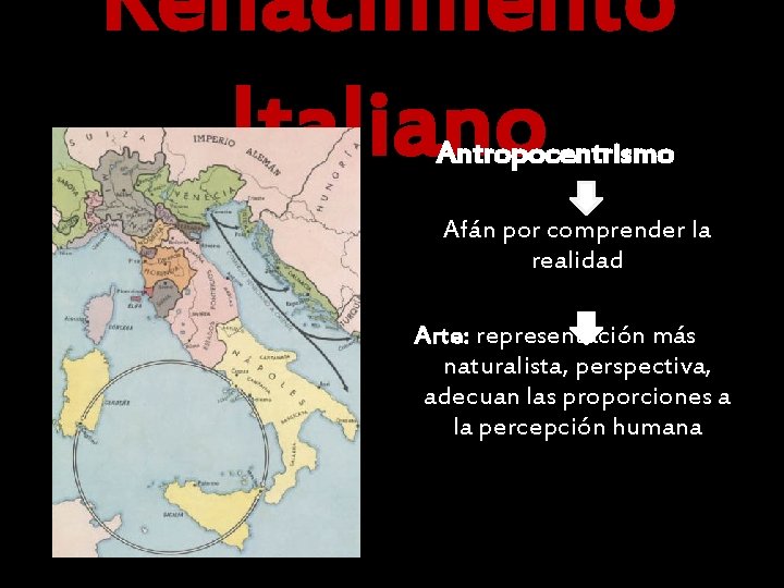 Renacimiento Italiano Antropocentrismo Afán por comprender la realidad Arte: representación más naturalista, perspectiva, adecuan
