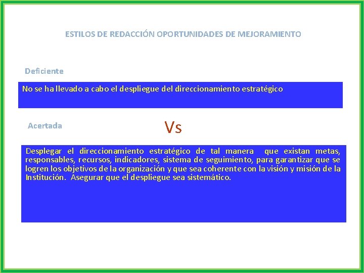  ESTILOS DE REDACCIÓN OPORTUNIDADES DE MEJORAMIENTO Deficiente No se ha llevado a cabo