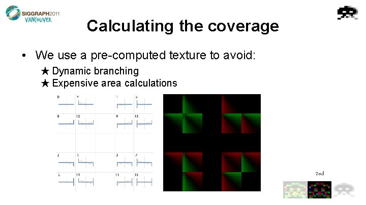Calculating the coverage • We use a pre-computed texture to avoid: ★ Dynamic branching