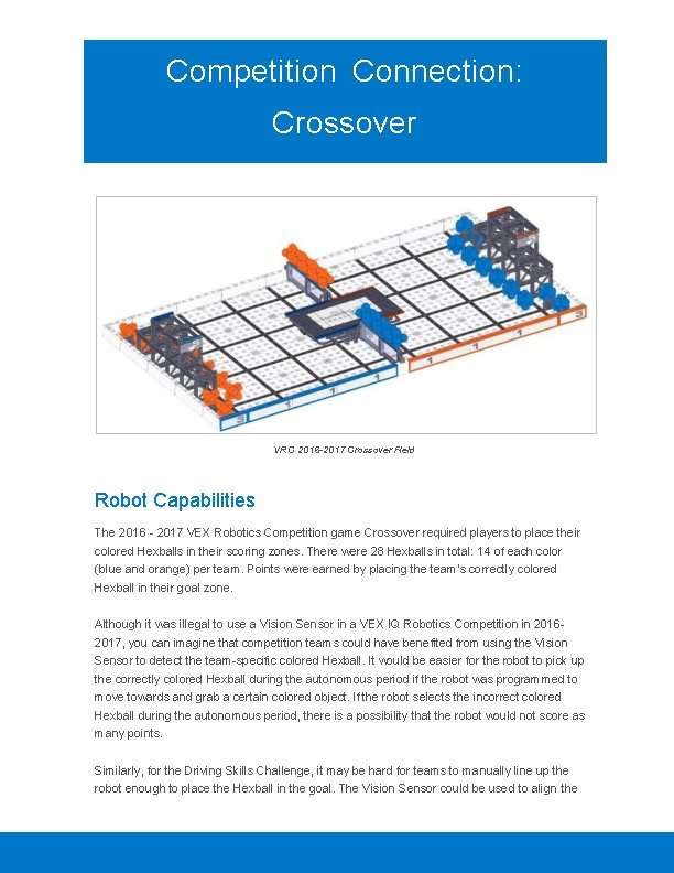 Competition Connection: Crossover VRC 2016 -2017 Crossover Field Robot Capabilities The 2016 - 2017