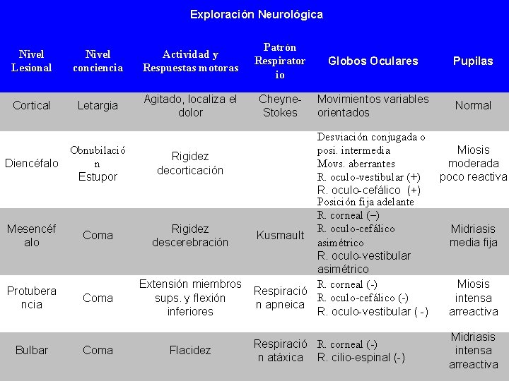 Exploración Neurológica Nivel Lesional Nivel conciencia Actividad y Respuestas motoras Patrón Respirator io Globos