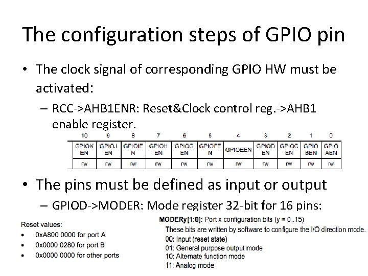 The configuration steps of GPIO pin • The clock signal of corresponding GPIO HW