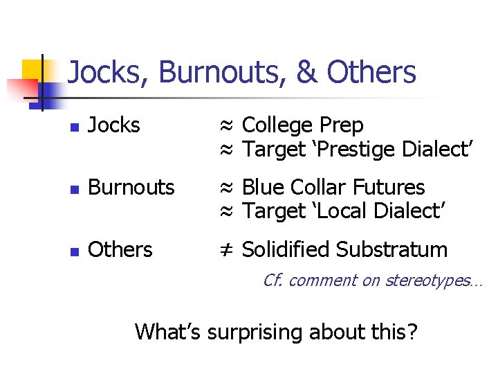 Jocks, Burnouts, & Others n Jocks ≈ College Prep ≈ Target ‘Prestige Dialect’ n
