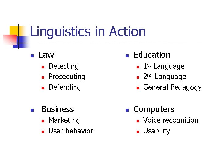 Linguistics in Action n Law n n Detecting Prosecuting Defending Business n n n