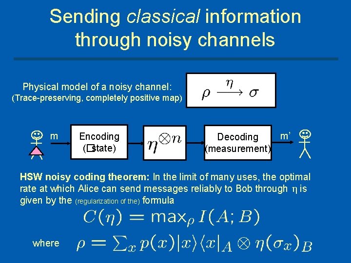 Sending classical information through noisy channels Physical model of a noisy channel: (Trace preserving,