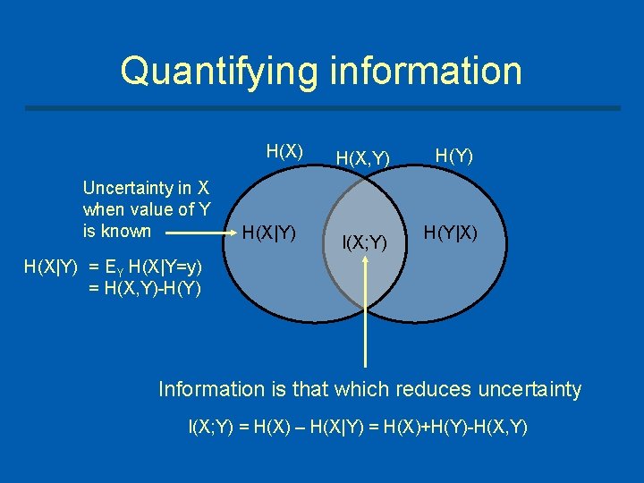 Quantifying information H(X) Uncertainty in X when value of Y is known H(X|Y) H(X,