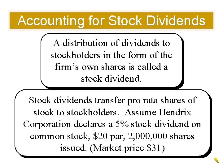 Accounting for Stock Dividends A distribution of dividends to stockholders in the form of