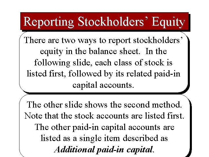 Reporting Stockholders’ Equity There are two ways to report stockholders’ equity in the balance