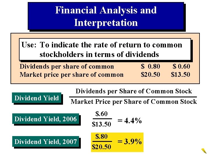 Financial Analysis and Interpretation Dividend Use: To Yield indicate the rate of return to