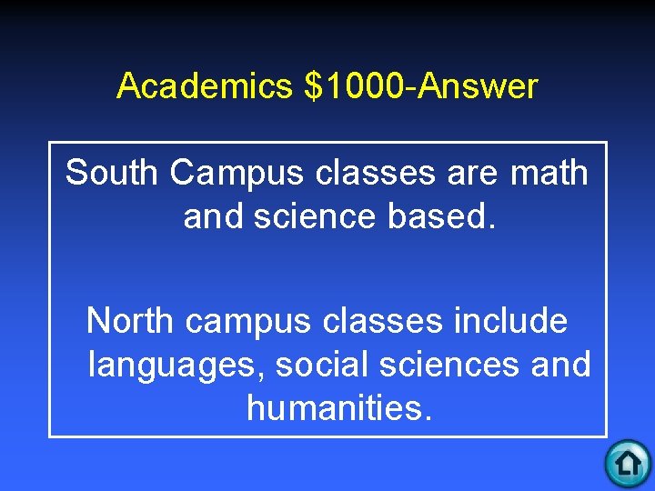 Academics $1000 -Answer South Campus classes are math and science based. North campus classes