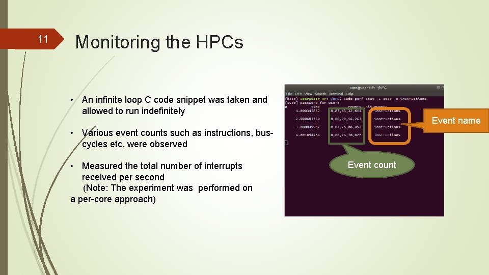 11 Monitoring the HPCs • An infinite loop C code snippet was taken and