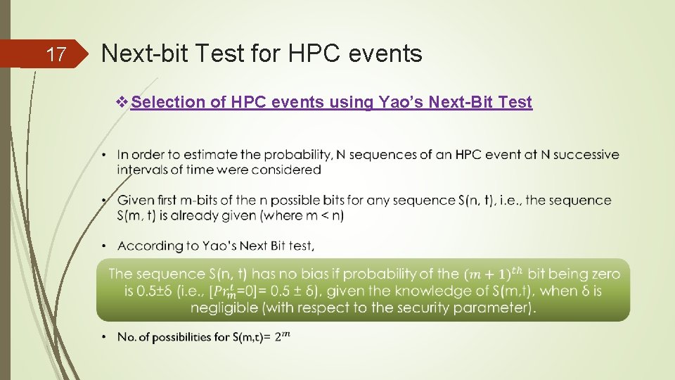 17 Next-bit Test for HPC events v. Selection of HPC events using Yao’s Next-Bit