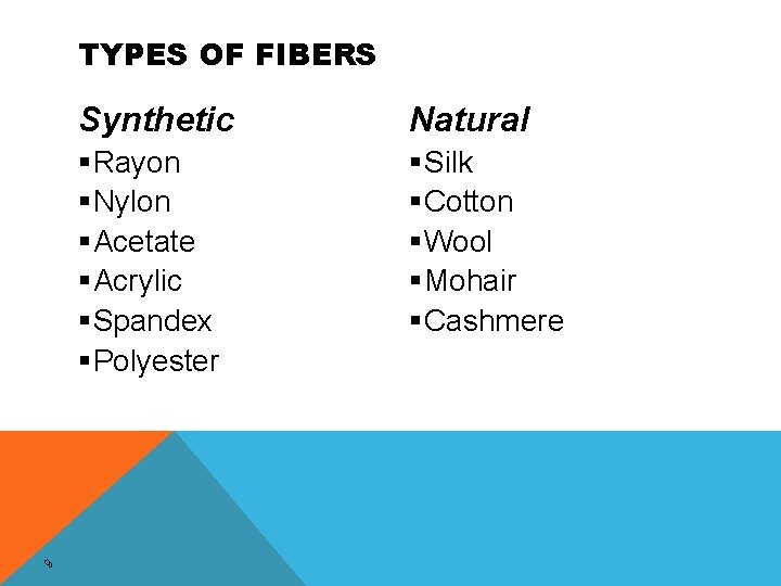 TYPES OF FIBERS 9 Synthetic Natural §Rayon §Nylon §Acetate §Acrylic §Spandex §Polyester §Silk §Cotton