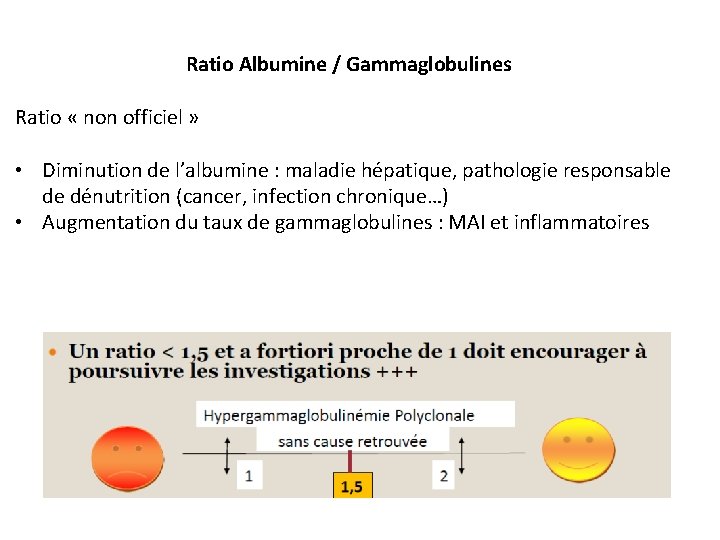 Ratio Albumine / Gammaglobulines Ratio « non officiel » • Diminution de l’albumine :