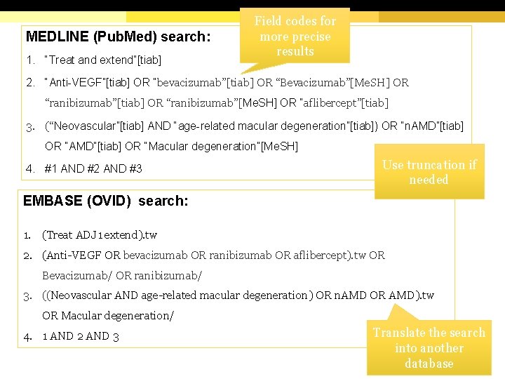 MEDLINE (Pub. Med) search: 1. “Treat and extend”[tiab] Field codes for more precise results