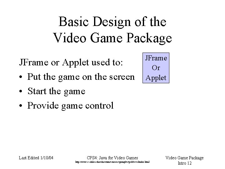 Basic Design of the Video Game Package JFrame or Applet used to: • Put