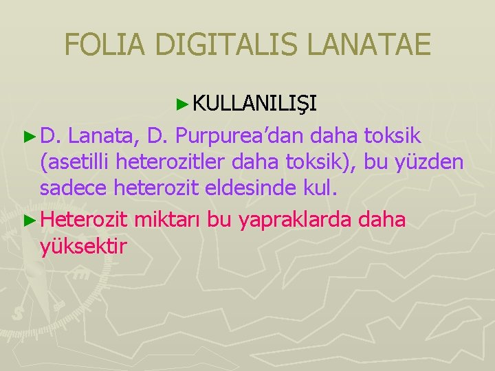 FOLIA DIGITALIS LANATAE ► KULLANILIŞI ► D. Lanata, D. Purpurea’dan daha toksik (asetilli heterozitler FOLIA DIGITALIS LANATAE ► KULLANILIŞI ► D. Lanata, D. Purpurea’dan daha toksik (asetilli heterozitler