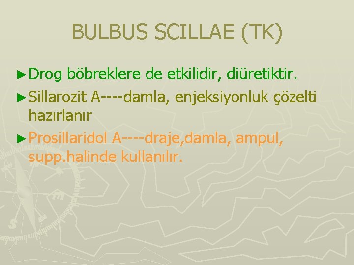 BULBUS SCILLAE (TK) ► Drog böbreklere de etkilidir, diüretiktir. ► Sillarozit A----damla, enjeksiyonluk çözelti BULBUS SCILLAE (TK) ► Drog böbreklere de etkilidir, diüretiktir. ► Sillarozit A----damla, enjeksiyonluk çözelti
