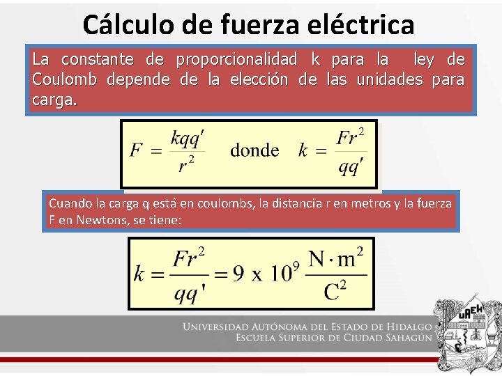 Cálculo de fuerza eléctrica La constante de proporcionalidad k para la ley de Coulomb