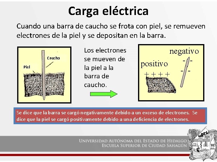 Carga eléctrica Cuando una barra de caucho se frota con piel, se remueven electrones